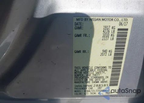 2017 Nissan Altima 2.5 Sl z USA, uszkodzony, nr VIN 1N4AL3APXHC288585